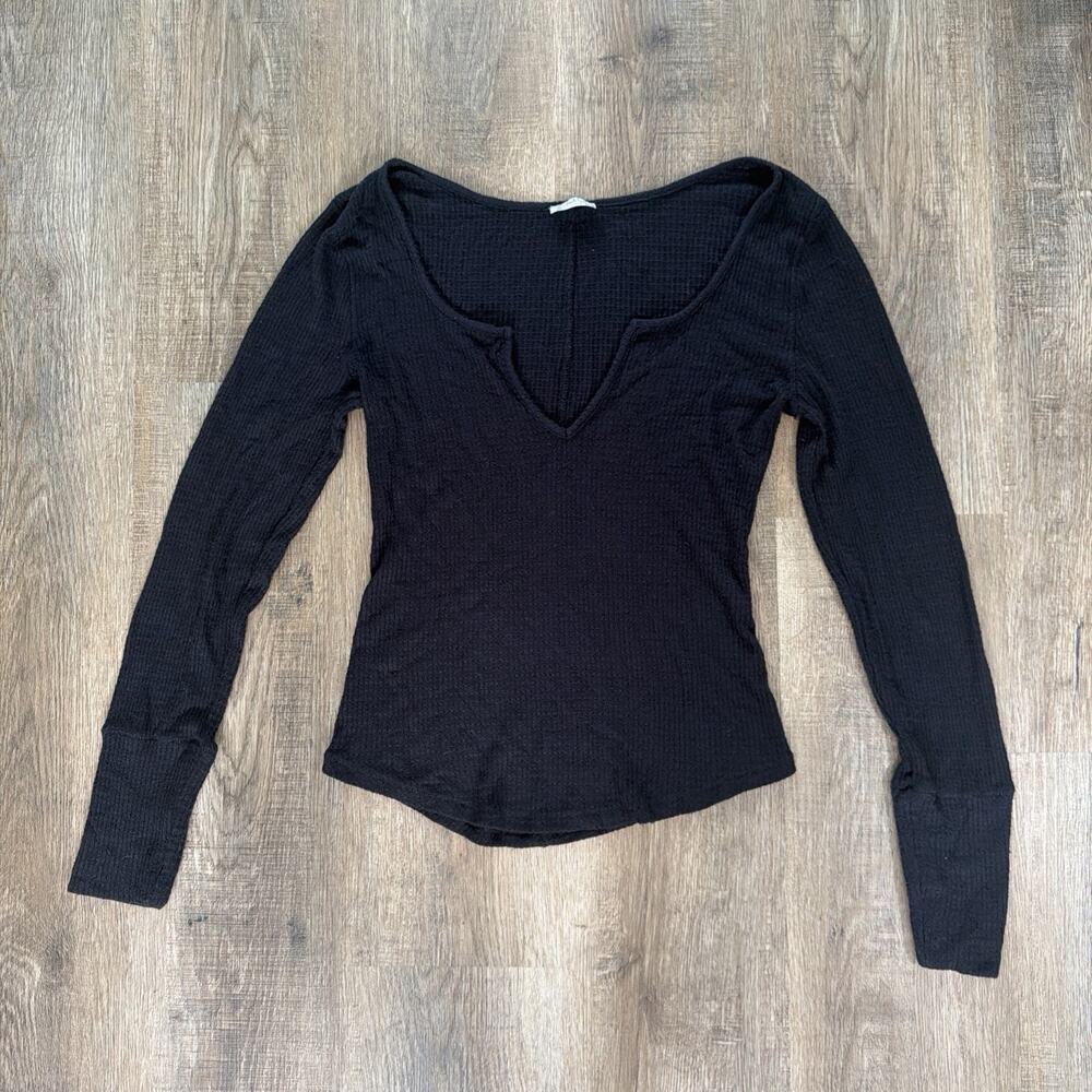 Free People Intimately Sz L Black Thermal Deep V Top Bella Swan Twilight Y2K